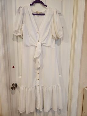 MICHAEL Michael Kors Cream Tie-Front Midi Dress with Puff Sleeves